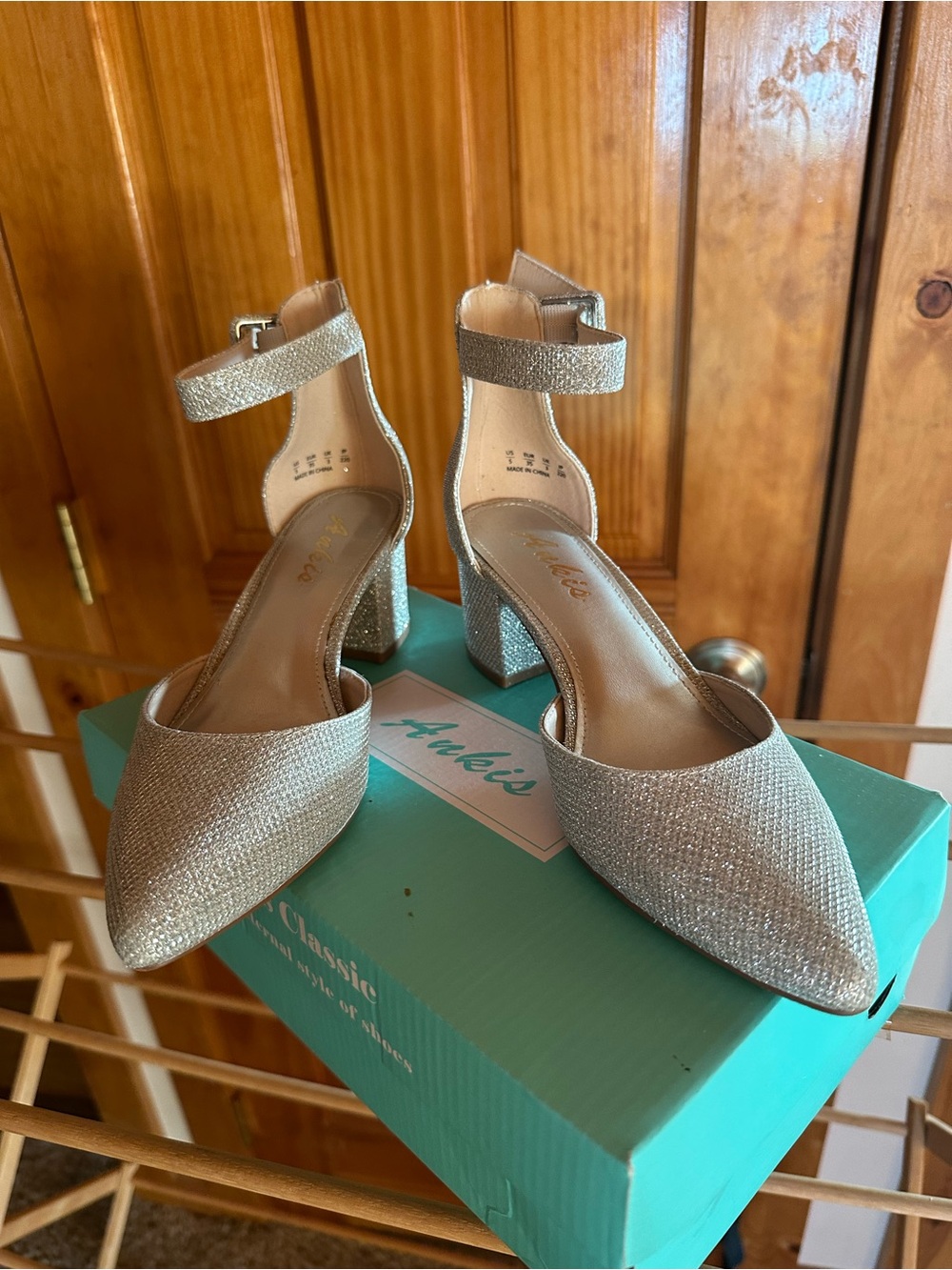 Ankis Silver Glitter Block Heel Ankle-Strap Pumps